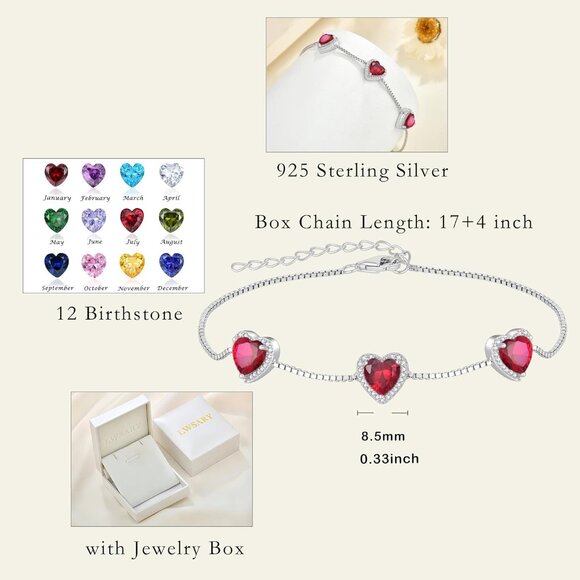Love Heart Sterling Silver Ruby Birthstone Link Bracelet for Women - Picture 6 of 6